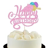 Happy Birthday Cake Topper - Summer Ice Cream Themed Party Supplies, Pink Cake Decorations for Kids Boys Girls