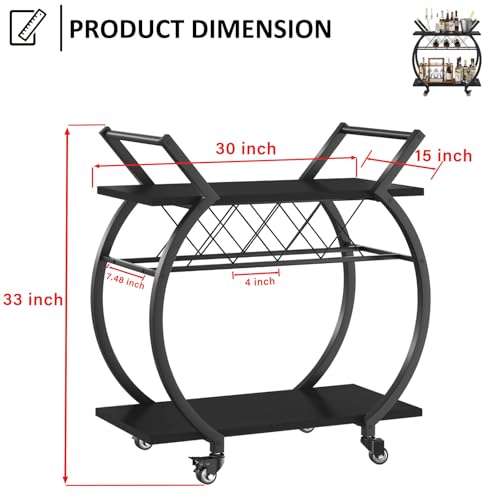 Image of LVB Black Bar Cart with Wheels, Industrial Wine Cart with Storage for Home | Modern Bar Cart with Wine Rack, Beverage Rolling Kitchen Serving Cart, Wooden Microwave Drink Liquor Cart for Dining Room