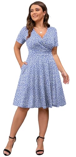 Image of POSESHE Womens Plus Size Dresses Summer Short Sleeve Wrap V-Neck Sundress Casual Wedding Guest Cocktail Dress with Pockets