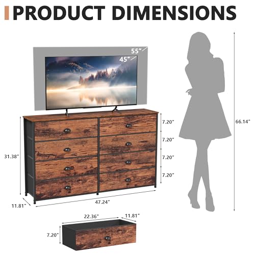 Furnulem Long Dresser for Bedroom, TV Stand for 55'' TV, Wide Storage Drawer Unit with 8 Fabric Bins, Double Dresser for Bedroom, Office, Dorm, Closet, Entryway, Wood Top (Rustic Brown)