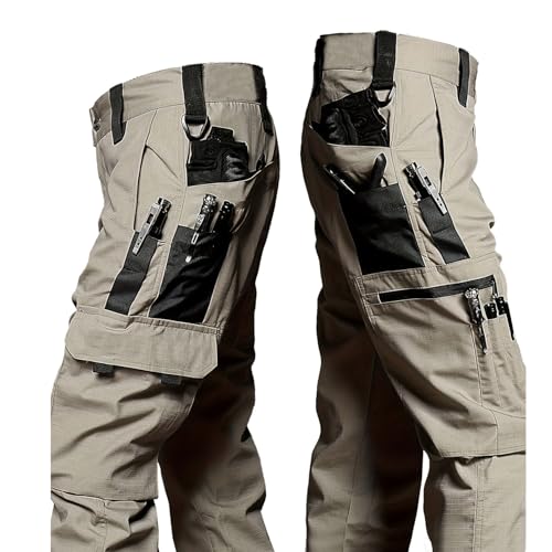 Mens Tactical Cargo Pants Durable Multi-Pocket Work Trousers Adjustable Waist for Outdoor (Small Khaki)