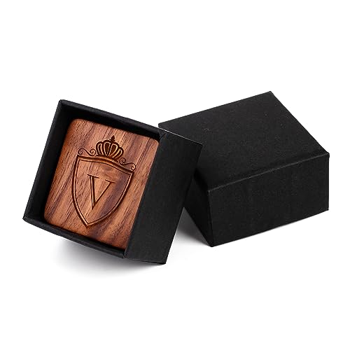 Image of Mens Initial Silver Cufflinks A-Z Alphabet Letter Steel Cuff Links with Engraved Walnut Wood Box Groom Groomsman Wedding Set
