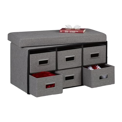 Relaxdays Banco con Almacenaje, Plegable, 6 Cajones, Asiento Acolchado, 39 x 75,5 x 37 cm, Entrada y Pasillo, Gris