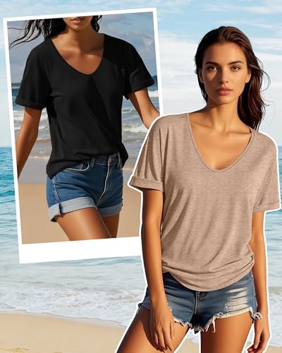 Riyiper 3 Pack Women's V Neck Shirt, Summer Rolled Sleeve Solid Tops Casual Loose Tees Lightweight Basic Soft Tshirt4