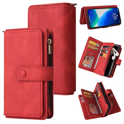 Étui pour iPhone 15 en cuir rouge avec fermeture éclair et sangle arrière