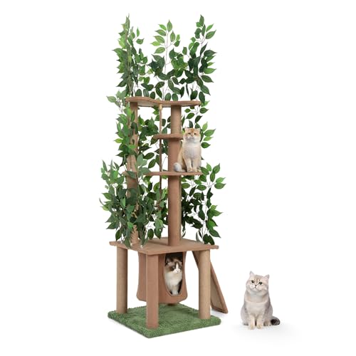 COZIWOW Cat Tree with Leaves,Multi-Level Activity Cat Tower for Indoor Cats-Climbing,Hiding,Scratching, Plant Cat Tree with 6 Sisal Scratching Post and Cat House,44lbs Capacity