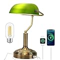 SEEDED-DESIGN Bankers Lamp with USB & Type C Charging Ports, Touch Control Green Glass Desk Lamp, 3-Way Dimmable Vintage Table Lamps for Home Office, Library, LED Bulb Included (Touch Switch)