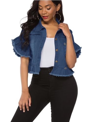 Image of Suvimuga Women's Denim Jacket Button Down Distressed Ruffle Sleeve Crop Jean Jackets Coat