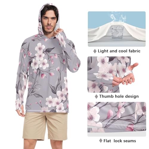 xigua Beautiful Cherry Blossoms Men's UPF 50+ Sun Shirts Quick Dry Sun Protection Hoodie With Long Sleeve 6974