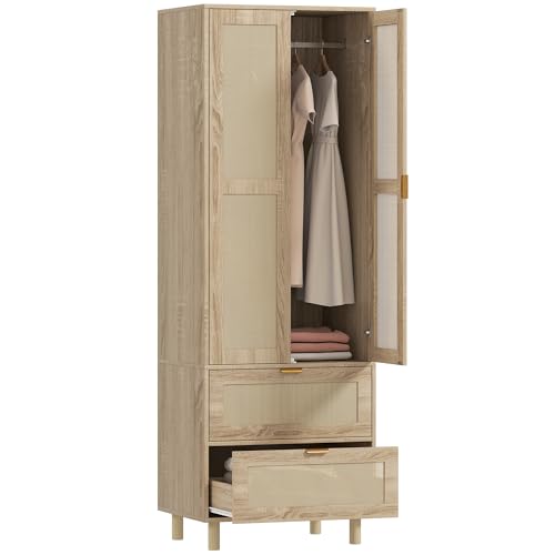 HOMCOM Armoire Chambre penderie avec 2 Portes en rotin, 2 tiroirs et Barre de Suspension, Armoire à vêtements, Dressing, Style bohème, pour Chambre à Coucher, 63 x...