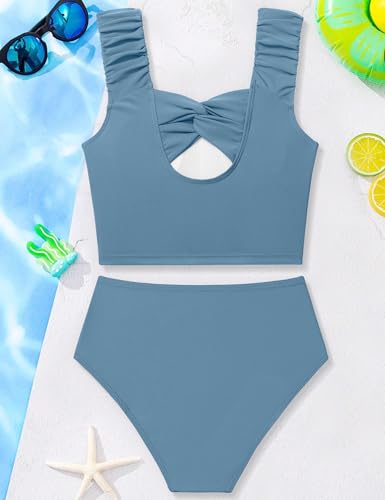 Image of Girls Tankini Swimsuit 2 Piece Bathing Suit Twist Cross Back Cutout Swim Tank Top Floral Print Swimwear for 7-18Y