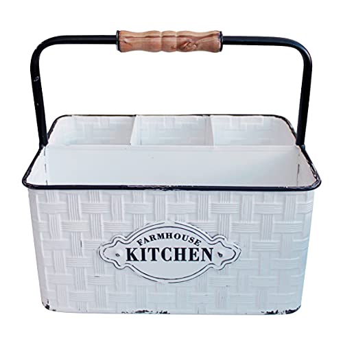 CVHOMEDECO. Rustikaler Besteck-Organizer aus Metall im Used-Look, Besteckhalter, Tisch-Organizer, Emaille-Finish mit Holzgriff und 4 Fächern, weiß