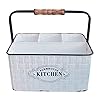 CVHOMEDECO. Rustic Distressed Metal Silverware Organizer Utensil Caddy, Flatware holder, Tabletop Organizer, Enamel Finish with Wood handle and 4 Compartments, White