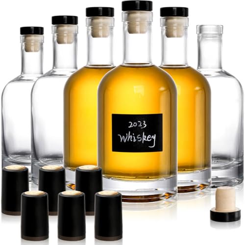Hacaroa Set of 6 Glass Liquor Bottles with T-Top Caps 375 ml Clear Bordeaux Wine Bottle Heavy Base Vodka And Home Brewing Bottles for Kombucha Beverages Juice Oils
