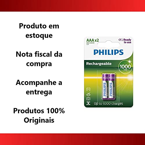2 Pilhas Recarregáveis Philips Aaa 1000mAh Originais Palito Prontas pro Uso RTU