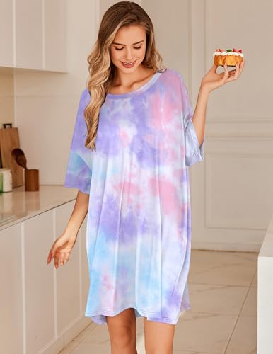 Image of Ekouaer Plus Size Nightgowns for Women Oversized Sleep Shirt Short Sleeve Nightshirt T-Shirt Dress Sleepwear S-5XL