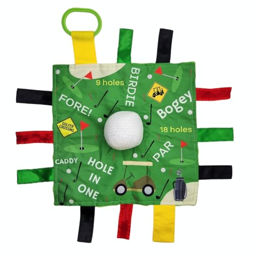 Image of Baby Jack & Co 10x10” Golf Ball Sports Lovey Sensory Plush Blanket - Tag Toys for Sensory Play - Travel Stroller Toy - Learn Shapes, Letters & Colors - Sports Gift Educational and Soother