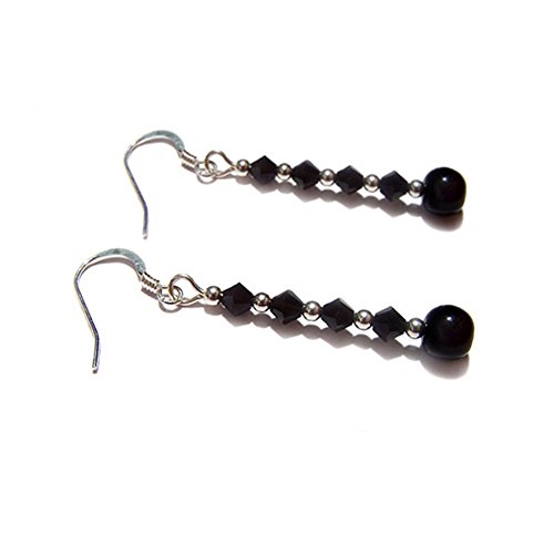 Image of LunarraStar Women 925 Sterling Silver Black Onyx Earrings Gemstone and Crystal Beaded Drop Pierced