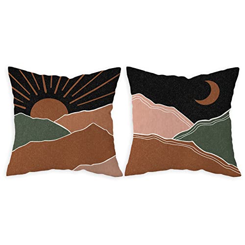Fldas Abstract Boho Sun Moon Desert Landscape Decorative Throw Pillow Covers,Bohemia Nature Pillow Cases Cushion For Bohemian Home Bedroom Girls Room Office,Boho Lovers Gifts,18×18 Inch Set Of 2 #TOP3