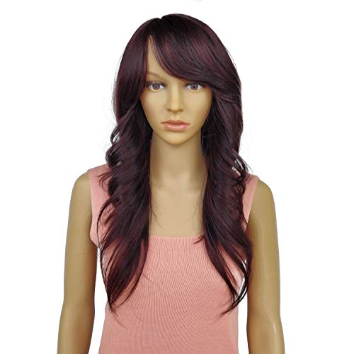 Wig long wave curly bangs Wigs With Bangs long Curly Wigs for Women, Charming Natural Wavy Wigs for Black Women Bangs wig for black women （Burgundy)…