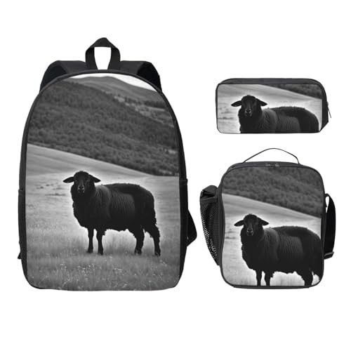 Sac à dos d'école imprimé mouton léger avec pack boîte à déjeuner et trousse assortie