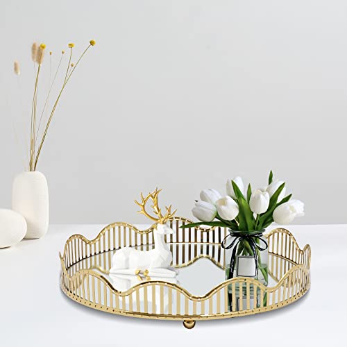 Gold Curve Serving Tray Luxury Mirror Centerpieces Perfume Holder Trays for Dresser Round 12.4