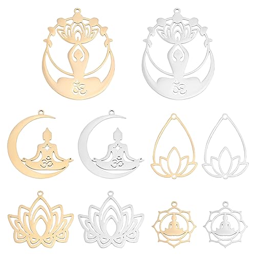 UNICRAFTALE 10 pendentif Sur le Thème du Yoga 5 styles Acier Inoxydable Breloques Creuses Bouddha et Lotus 2 couleur Symbole Bouddhiste Pendentif de Yoga pour...