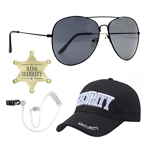 Timisea 4 pcs Agent Spy Accessories Kit Secret Service Costume Dress up Security Hat Earpiece Earplugs Acoustic Tube Sunglasses Agent Badge for Ring Security Wedding,Cosplay Activity
