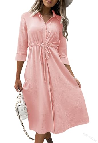 Image of Febriajuce Women's 3 /4 Sleeve Midi Dress Casual Drawstring Belted Round Neck Plain Tie Waist Loose High Waist Long Dress
