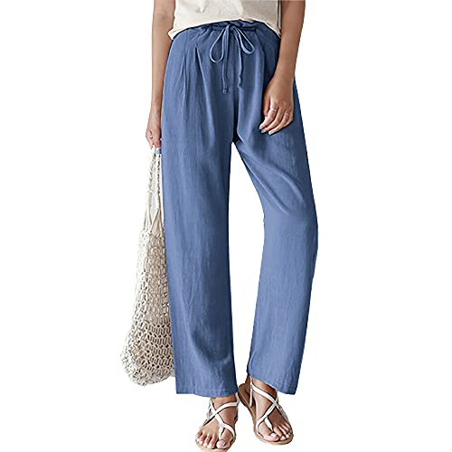 Akivide Women's Cotton and Linen Solid Pocket Drawstring Straight Pants Summer Elastic Waist Trousers with Drawstring (Blue, 3X-Large)