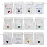 Juego de piedras preciosas en forma de corazón, 12 piedras naturales en forma de corazón con significado, piedras de la suerte y cristales naturales, juego de regalo con folleto informativo y bolsa de