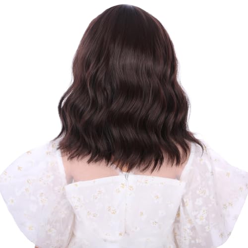 Image of Dark Brown Wig for Kids Girls Short Chocolate Brown Wavy Curly Wig Brown Wigs with Air Bangs for Children Heat Resistant Synthetic Wigs with Cap