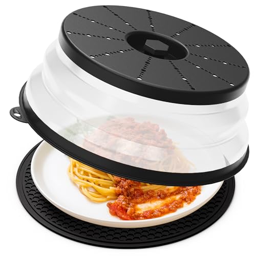 Image of WVM-ML-3-1 Microwave Splatter Cover & Mat, Vented Collapsible Splatter Guard dish Plate lid & Silicone Round Kitchen Mat for Food, Meal Prep
