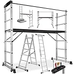 tectake® Aluminium Multi-Purpose Ladder, Adjustable 4-in-1 Work Platform, Scaffolding, Lean-To & Step Ladder, 150 kg Capacity, Durable Folding Frame, Scaffold Safety Bar, Rubber Feet with Wheels