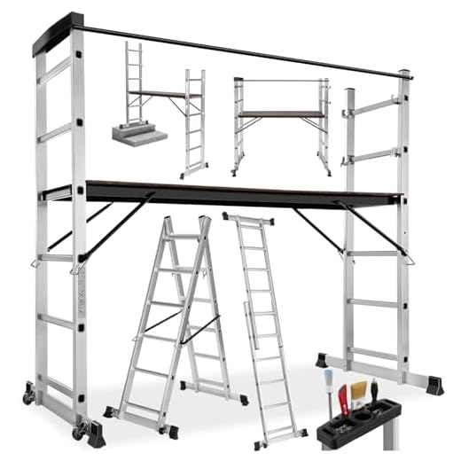TecTake Gerüst, Leiter 4 in 1, Mobile Mehrzweckleiter, Arbeitsbühne, Baugerüst, Alu Gerüst, Rollgerüst mit Arbeitsplattform, Haushaltsleiter, belastbar bis max. 150 Kg - Silber