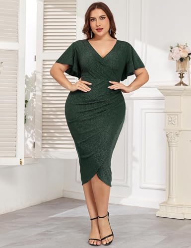 Image of ZOMVA Plus Size 0X-4X Sparkly Glitter Ruched Bodycon Midi Dress Sparkle Sequin Wrap Ruffle Sleeve Dress Cocktail Party Formal