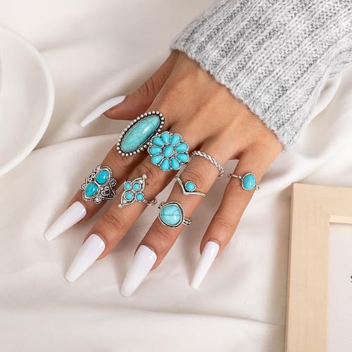 Gtrlums Bohemian Turquoise Ring For Women Boho Stackable Knuckle Rings Set Turquoise Finger Ring Vintage Oval Flower Starfish Teardrop Midi Ring Western Rings Jewelry Gifts thumb #1