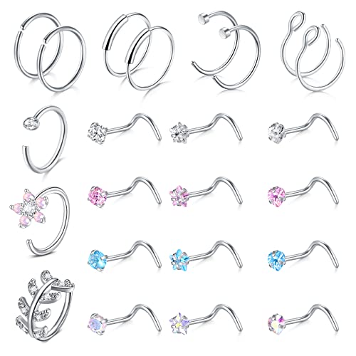 TOKRING 18G 20G Nose Rings Surgical Steel Nose Rings Hoops Star Heart CZ Nose Studs Nostril Nose Piercing Jewelry for Women Men, metal, stainless-steel
