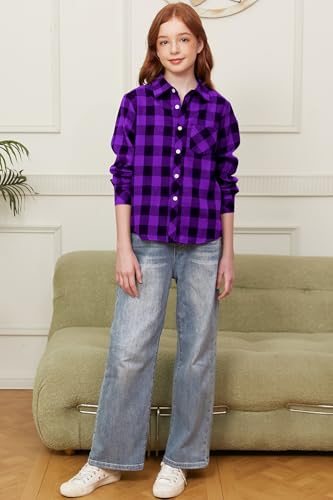 Image of SANGTREE Women and Girls Long Sleeve Flannel Casual Button Down Plaid Shirt