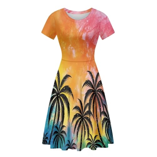 Image of HUGS IDEA Womens Puffy Swing Midi Dress Round Neck Short Sleeve Party A-Line Dresses