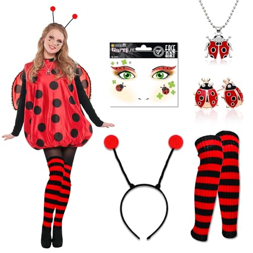 DPKOW Coccinella Cerchietto con Pom Pom Nero Rosso Scaldamuscoli Viso Tatuaggio Coccinella Orecchini Collana per Natale Carnevale Accessori Costume