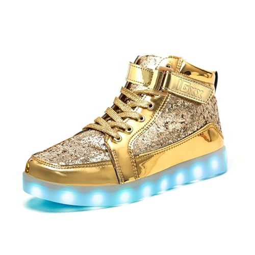 IGxx LED Shoes for Kids - Light Up Fashion High Top LED Lights Sneakers Glowing Glitter Gold Little Kids 1.5
