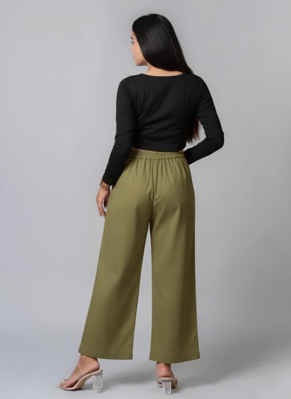 Image of Moirai Pure Cotton Wide Leg Women Trouser Stylish Mid Rise Relaxed Straight Fit Loose Pants Casual Travel Office Formal Wear