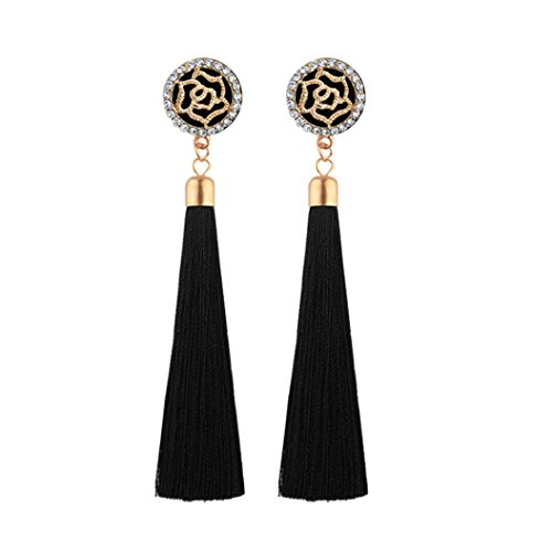 Cinnamou Pendientes mujer con borlas largos flecos de mujeres Rosa bohemio con flecos Boho Largo Con de cuentas colgantes accesorios de joyería de moda (Negro)