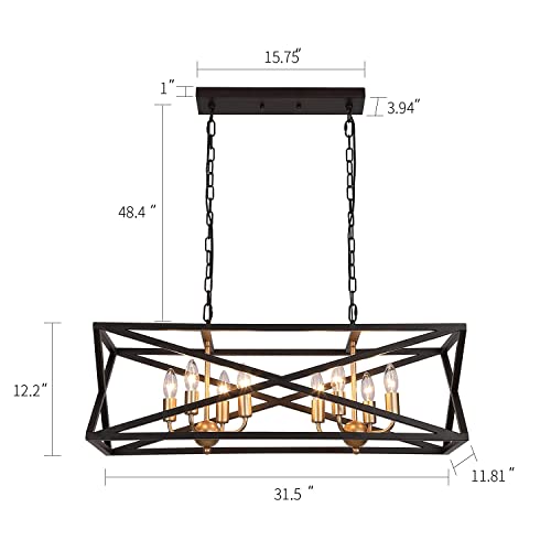 Large Modern Farmhouse Chandelier 8-Lights Black and Gold Industrial Metal Chandelier Light Fixtures for Dining Room Rectangular Linear Kitchen Island Lights UL Listed
