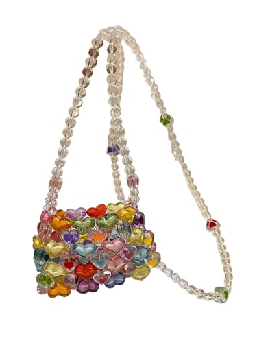 Women's Heart Beaded Small Square Bag Color Block Cross Body Handbags Clear Purse