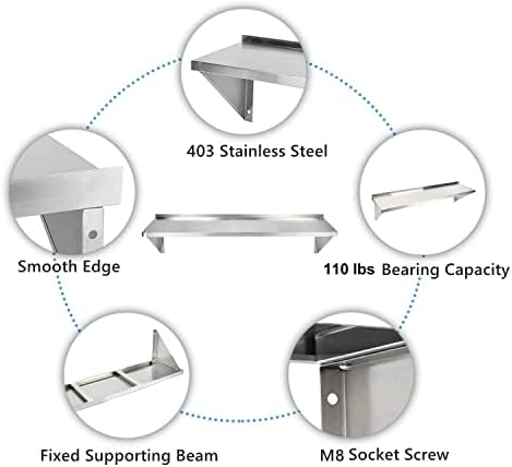 Nisorpa 120 x 30 cm Stainless Steel Shelf,Commercial Kitchen Wall Shelf Catering Storage Shelves Heavy Duty Floating Shelving with Backsplash Max Load 50 kg for Kitchen, Restaurant, Home and Hotel