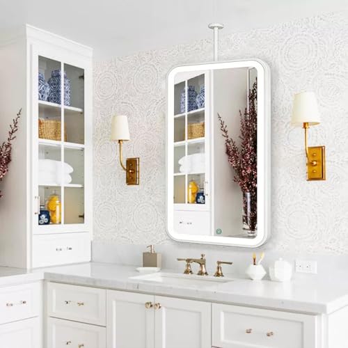 Espejo de baño LED rectangular con luz，Espejo moderno para colgar en el techo，Espejos de tocador de pared grandes con varillas flotantes，Espejos de vidrio decorativos con marco de metal(40cmx70cm)