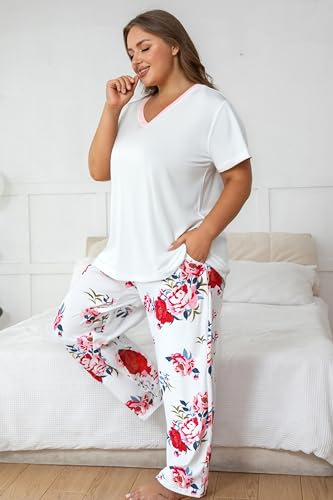 Image of Vozanet Women's Pajama Sets Short Sleeve with Long Pant Soft Sleepwear Printed pj Loungewear With TWO Pockets Size 1X to 5X