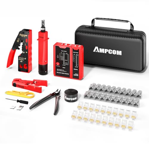 AMPCOM Ethernet Crimping Tool Kit 10-in-1 Pass Through RJ45/RJ11 Network Tool Kit with RJ45 Tester for Cat6/5e RJ45 Connectors Includes 110 Punch Down Tool & Wire Stripper Portable Waterproof Bag